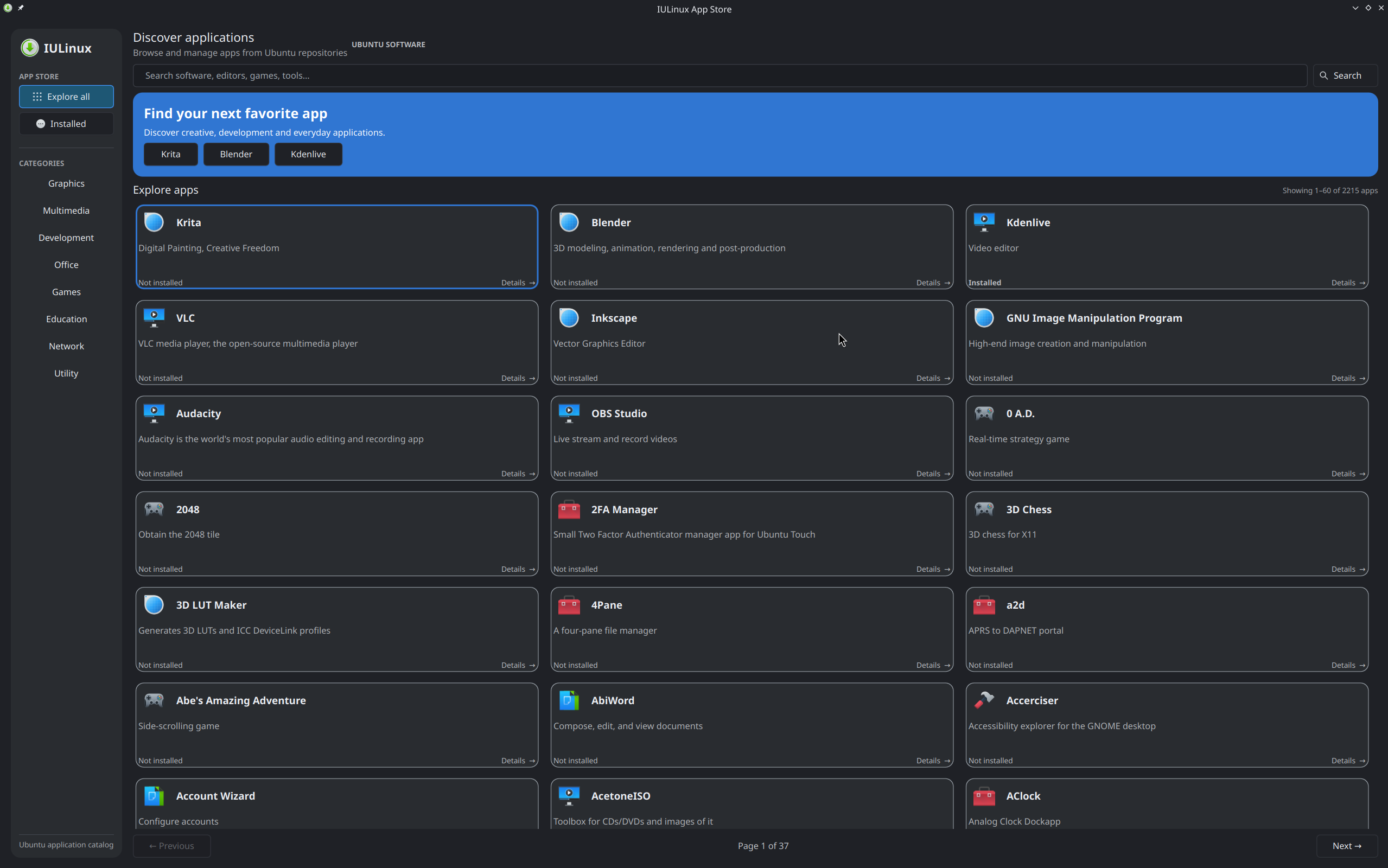 IULinux App Store interface showing application categories and packages