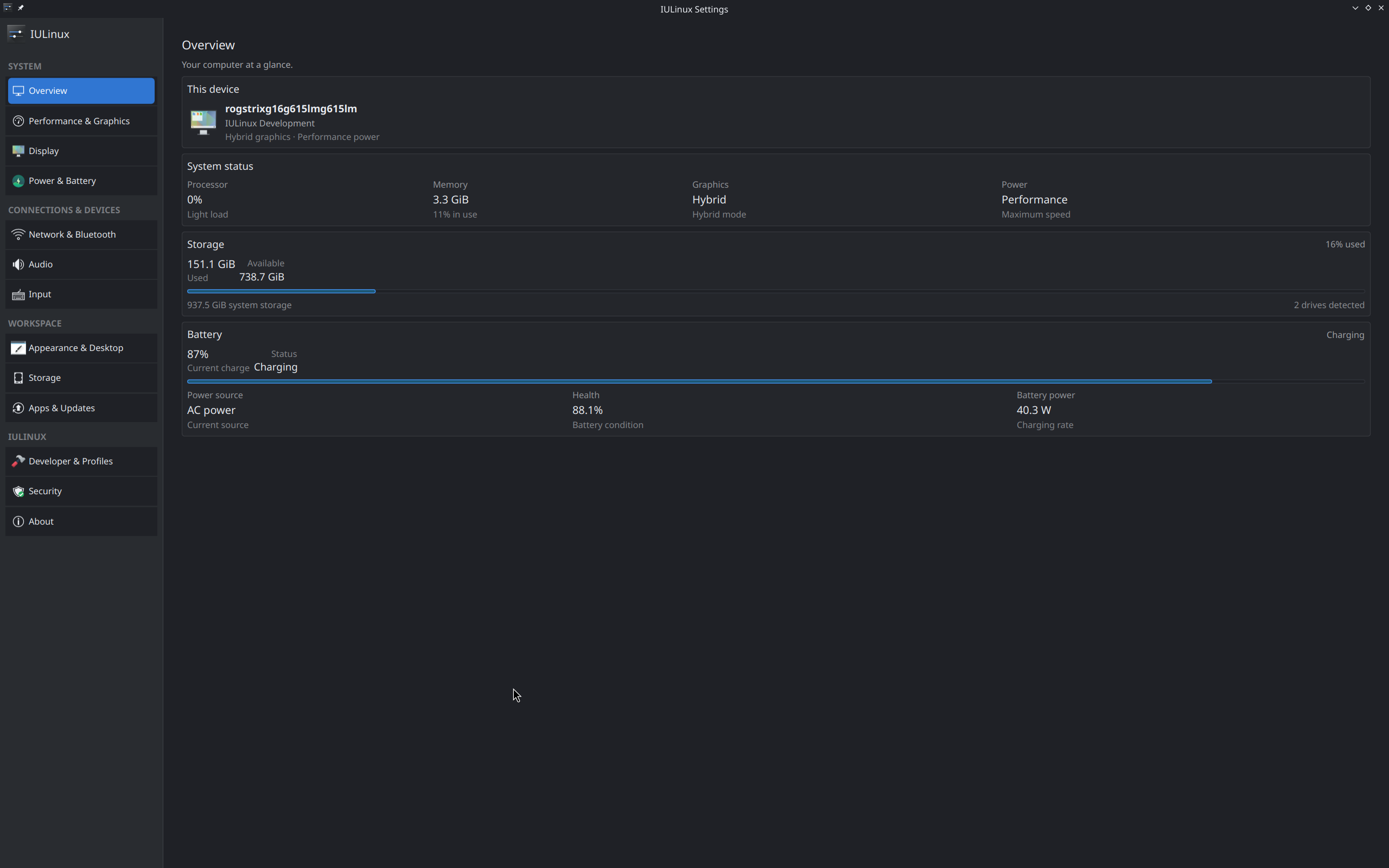 IULinux Settings interface showing system controls and status panels