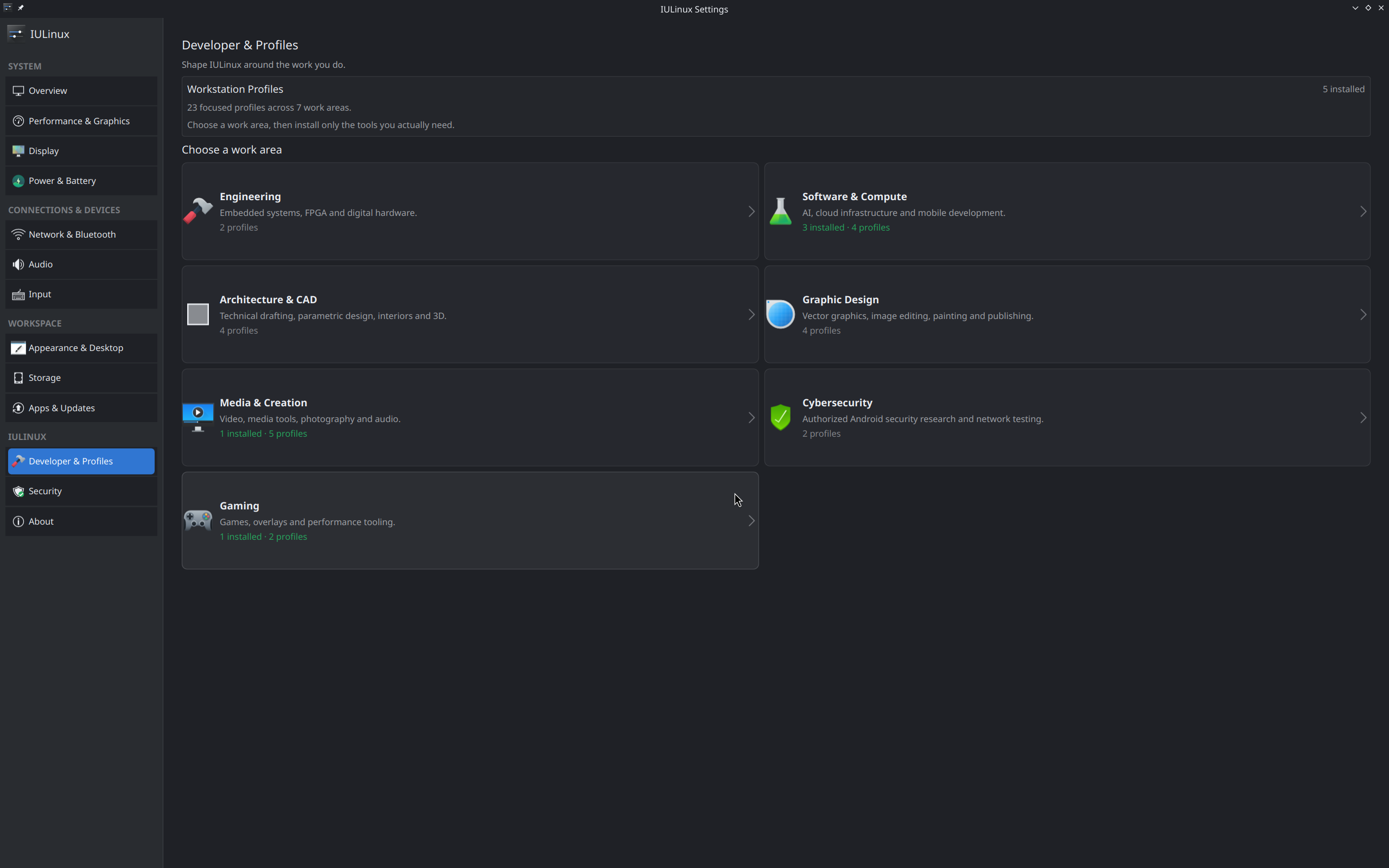 IULinux Profiles interface showing optional workstation profiles