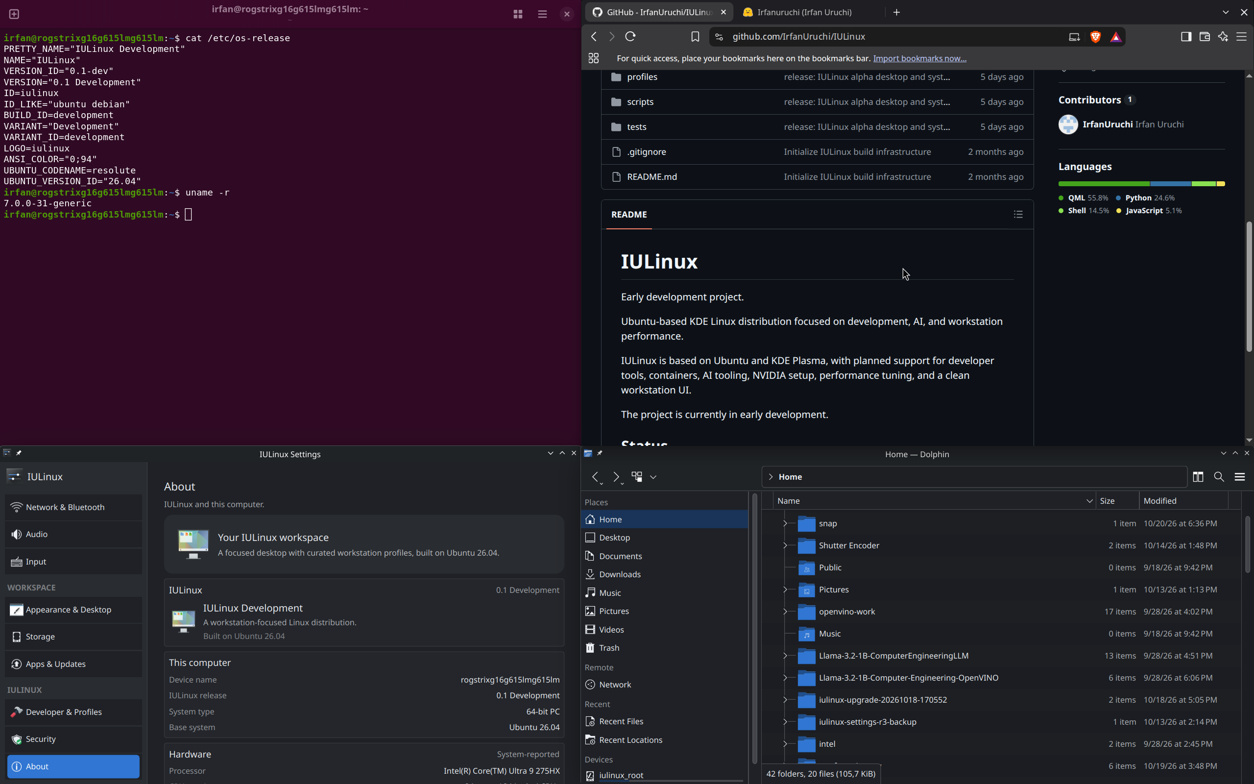 IULinux workspace view showing desktop layout and application organization